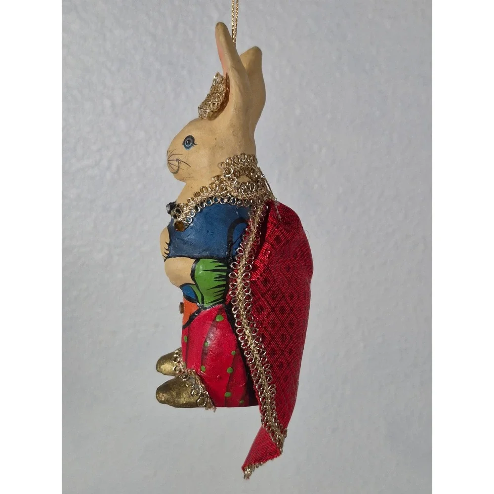 Vtg Hand Painted Papier Mache Bunny Rabbit Ornament Red Cape Rhinestone Collar